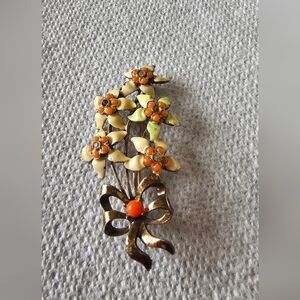 Coro Floral Vintage Brooch with Orange and Gold Accents